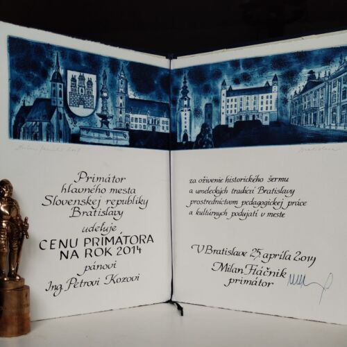 Ceny primátora mesta Bratislava 2014 - diplom a soška rytiera Rolanda